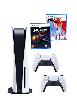  بلاي ستيشن 5 بلو راي مع Dualsense White و Spider-Man Miles Morales & NBA2